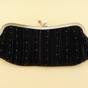 NWOT Ruched Black Satin Clutch w/ Iridescent Beads